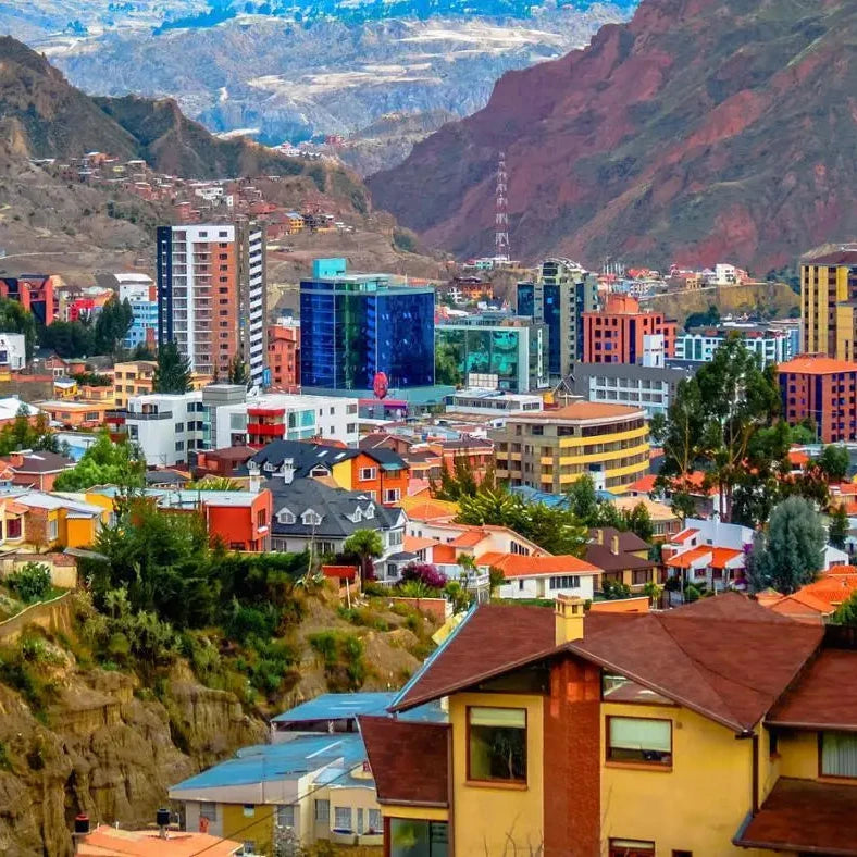 Cityscape with colorful buildings and mountains in the background